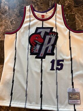 Mitchell & Ness White Raptors Pinstripe Vince Carter jersey